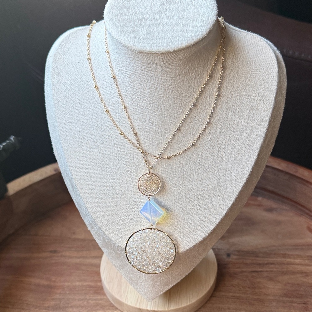 Gold Layered Necklace with Iridescent Cube and Crystal Disk